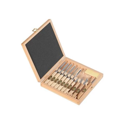 Bildhuggarjärnsats, trälåda